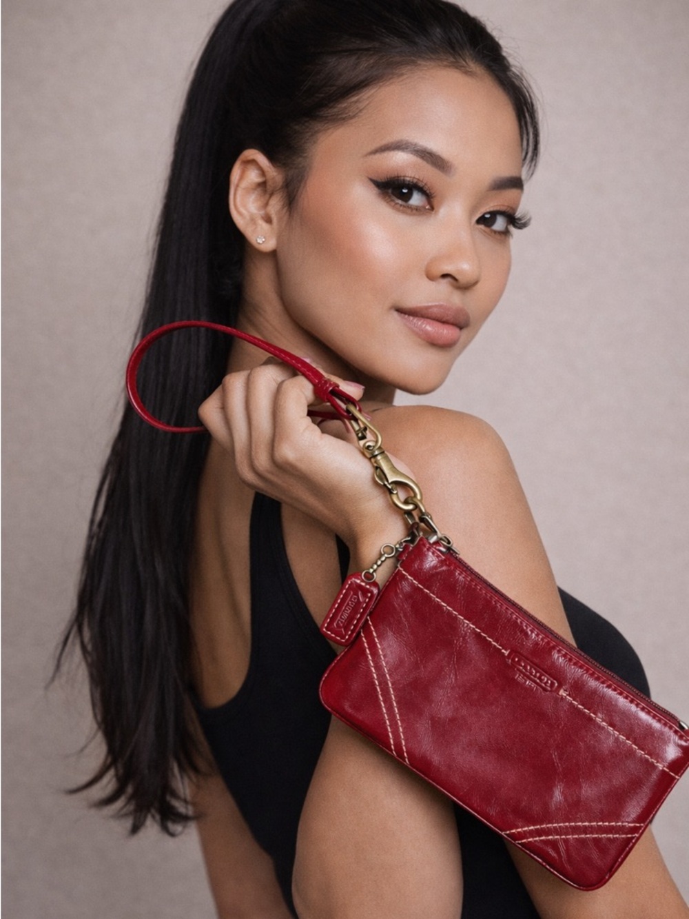 Y2K Coach Patent Leather Wristlet Burgundy Red Zip Clutch